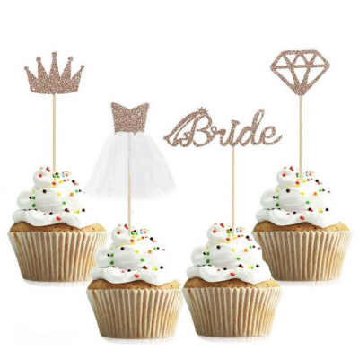 Hens Night Cupcake Toppers 4pack - Bride Tulle Dress, Crown, Bride and Diamond Carat 